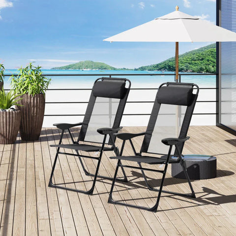Rootz Folding Chair Set of 2 - Folding Lounger - Weatherproof - 5-Way Adjustable Backrest - Metal Frame - Black - 62W x 70D x 109H cm