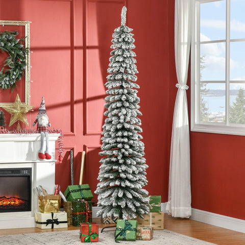 Rootz 210cm Artificial Christmas Tree - Snow-Covered Branches - Festive Decor - Narrow Design - Fireproof - Metal Stand - Green+White - 54cm x 54cm x 210cm