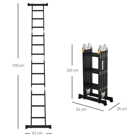 Rootz Aluminum Folding Ladder - Multifunctional Ladder - Versatile Steps - 3.7m Length - 5 Positions - Certified NF EN131 - Max Load 150kg - Black