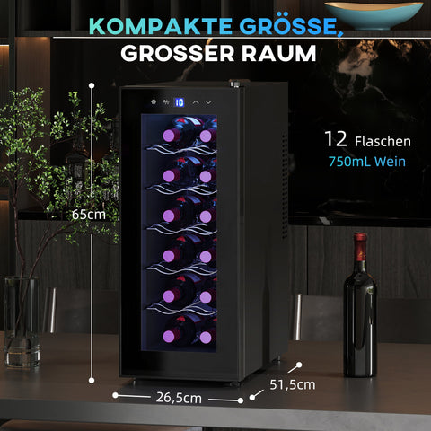 Rootz 12 Bottle Wine Fridge - Drinks Fridge - Beverage Cooler - Energy Efficient - 26.5 cm W x 51.5 cm D x 65 H cm - Touch Screen & LED Light