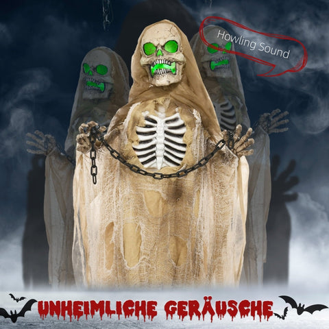 Rootz Animated Halloween Decoration - Hanging Skeleton - Twistable Arms - Touch & Sound Activation - Glowing Head & Chest - 70cm x 18cm x 183cm