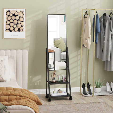 Rootz Rolling Full Length Mirror - Standing Mirror - Mobile Mirror - Two Shelves & Wheels - 42L x 37W x 155H cm - Black