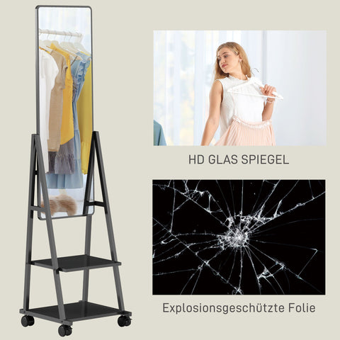 Rootz Rolling Full Length Mirror - Standing Mirror - Mobile Mirror - Two Shelves & Wheels - 42L x 37W x 155H cm - Black