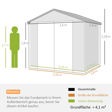Rootz Tool Shed - Garden Shed - Ventilated Storage - Moisture Resistant - 240cm x 190cm x 180/228cm - Grey