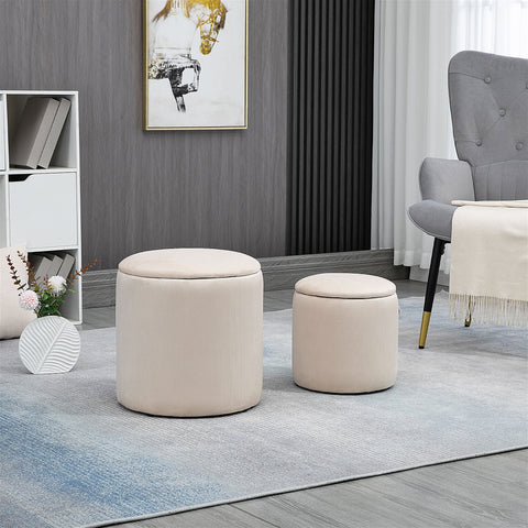 Rootz Set of 2 Stools - Footstools - Storage Boxes - Space-Saving Design - Ø40 x 41H, Ø30 x 32H cm - White Velor Fabric