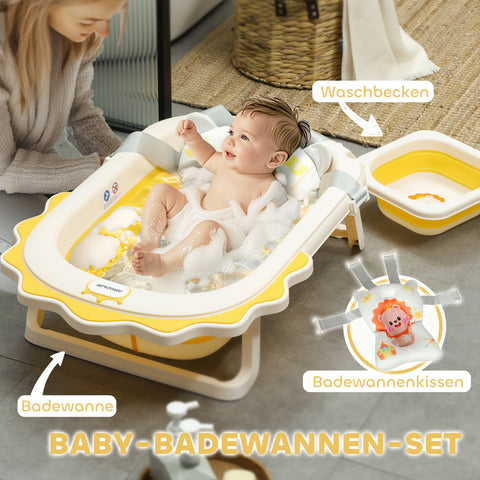 Rootz Foldable Baby Bath Tub - Sink - Non-Slip Bathtub - Comfortable Bath Cushion - 80.5cm x 55cm x 20cm (Yellow)