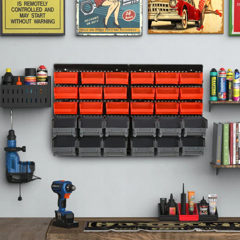 Rootz Storage System - Wall Shelf With Stacking Boxes - 30 Boxes - 2 Perforated Panels - Red + Gray + Black - 37.5 cm x 18 cm x 63 cm