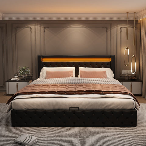 Rootz Upholstered Bed Frame - Slatted Bed - Storage Bed - LED Lighting - 160 x 200 cm - Easy Assembly
