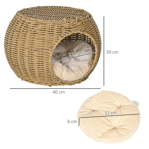 Rootz 2 Level Cat House - Cat Basket - Cat Cave - Cozy Retreat - Ø 40 x 30 cm - Brown Resin Rattan with Soft Cushion