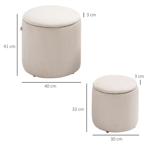 Rootz Set of 2 Stools - Footstools - Storage Boxes - Space-Saving Design - Ø40 x 41H, Ø30 x 32H cm - White Velor Fabric