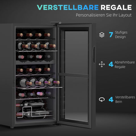 Rootz Small Wine Fridge - Mini Fridge - Bottle Cooler - Dual-Zone - LED Lighting - 43cm x 45cm x 84cm - 74L Capacity for 28 Bottles