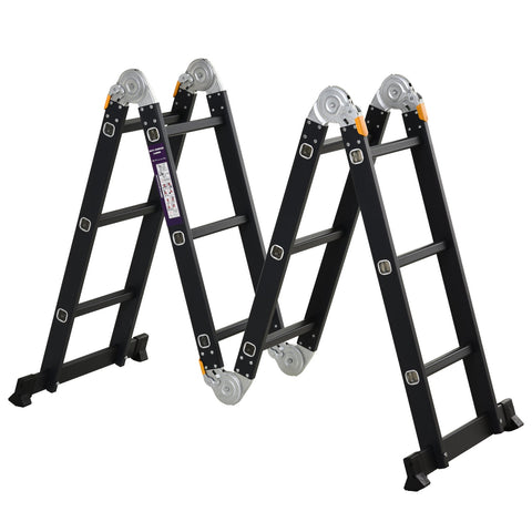 Rootz Aluminum Folding Ladder - Multifunctional Ladder - Versatile Steps - 3.7m Length - 5 Positions - Certified NF EN131 - Max Load 150kg - Black