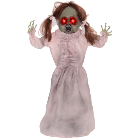 Rootz Animated Halloween Decoration - Spooky Girl Prop - Motion Activated - Glowing Red Eyes - Creepy Talking Voice - 50cm x 15cm x 76cm
