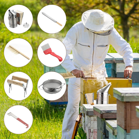 Rootz Beekeeping Set - 7-Piece Honey Harvesting Kit - Stainless Steel Tools - Hive Chisel - Uncapping Knife - 28.5cm Smoker