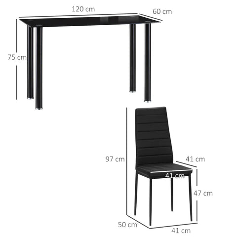 Rootz Dining Group - Dining Table With 4 Chairs - Modern Design - Glass Table - Faux Leather - Black - 120cm x 60cm x 97cm