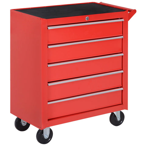 Rootz Rollable Workshop Tool Trolley - Tool Cart - Lockable Storage - 5 Drawers - Steel 69 x 33 x 75 cm - Red-Black