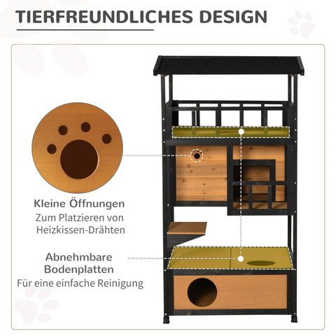 Rootz Outdoor Cat House - Weather Resistant Cat Shelter - Durable Multi-Level Cat Condo - 75.5cm x 75cm x 137cm - Fir Wood & Asphalt Roof - Yellow