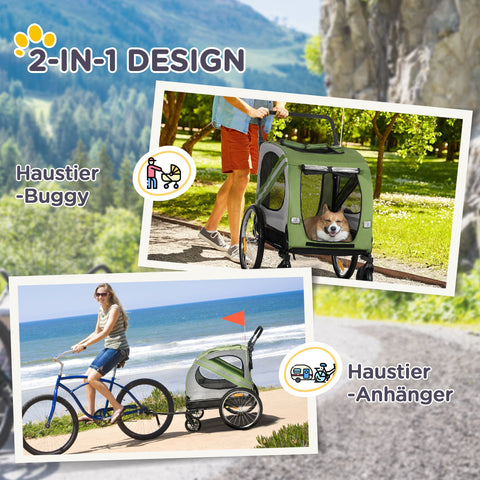 Rootz 2-in-1 Dog Stroller & Bike Trailer - Folding & Weatherproof - Optimal Ventilation - 140x72.5x108cm - For Dogs Up to 20kg - Green