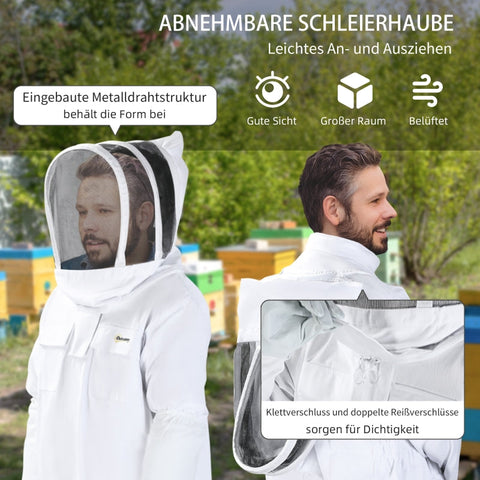 Rootz Beekeeping Suit - Full Body Beekeeper Protective Gear - White Cotton Suit - Removable Mesh Veil - Elastic Rubber Cuffs - XXL - 160cm x 53cm x 144cm