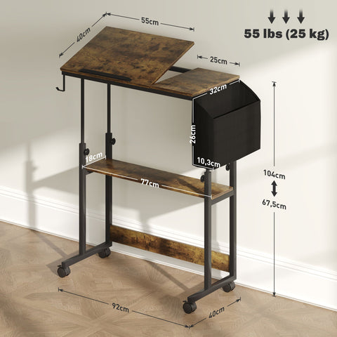 Rootz Height Adjustable Standing Desk - Tilting Table - Mobile Office Desk - Comfort & Storage - 92cm x 40cm x 67.5-104cm