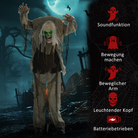Rootz Animated Halloween Decoration - Skeleton Ghost - Bendable Arms - Green Glowing Head - Eerie Howls - 65cm x 30cm x 160cm
