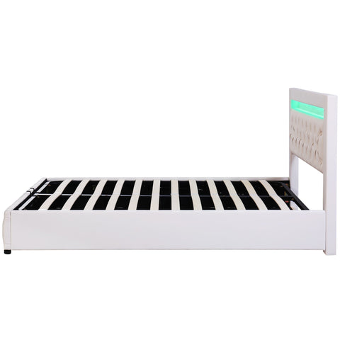 Rootz Upholstered Bed - Slatted Frame - Storage Space - LED Lighting - 140 x 200 cm - White - Durable PU Frame - 207L x 142W x 99H cm