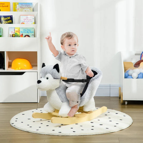 Rootz Husky Rocking Horse - Seat Belt - Sound Function - Plush Rocking Animal - Gray + White + Black - 60cm x 33cm x 50cm