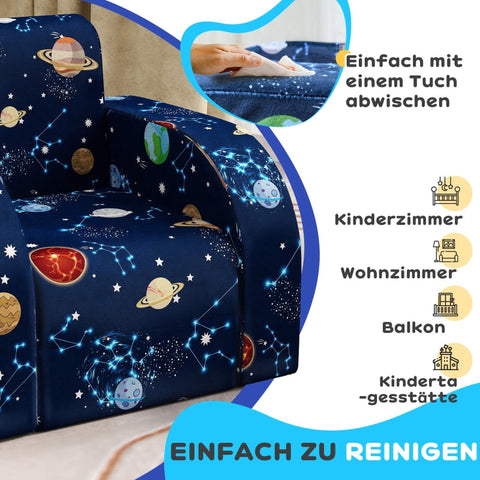 Rootz Kids Foldable Armchair - Children's Sofa - Cozy Bed - Multifunctional - Planet Pattern - Easy to Clean - Blue - Foam/Polyester - 46.5cm x 93cm x 28.5cm