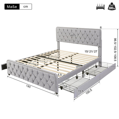 Rootz Upholstered Bed - Hydraulic Bed Box - Storage Bed - Breathable Linen - 211.5L x 180W x 96.5-108.5H cm Light Gray