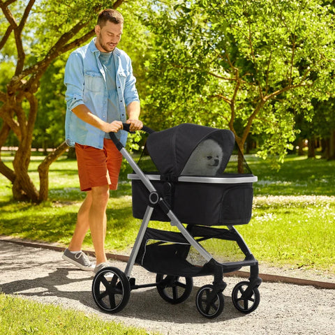 Rootz 2-IN-1 Dog Stroller - Pet Stroller - Dog Stroller with Cushion - Foldable - 1 Storage Basket -  Black - 83cm x 58cm x 102cm