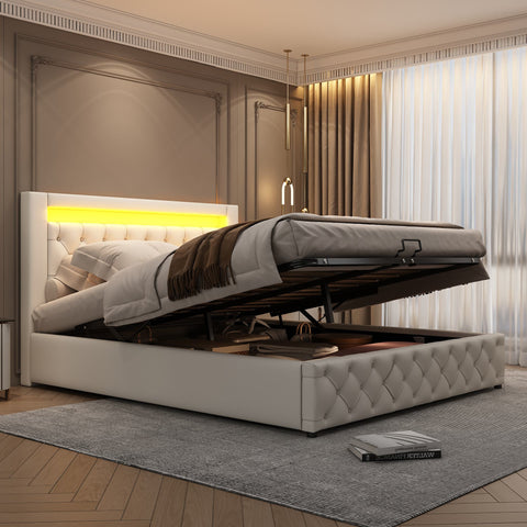 Rootz Upholstered Bed - Slatted Frame - Storage Space - LED Lighting - 140 x 200 cm - White - Durable PU Frame - 207L x 142W x 99H cm