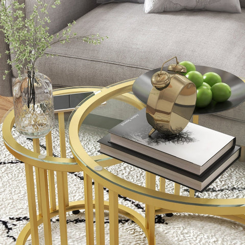 Rootz Round Living Room Set - Gold Coffee Tables - Nesting Tables - Carbon Steel Frames - Tempered Glass Tops - Space-Efficient - Ø60cm x 47cm & Ø40cm x 42cm