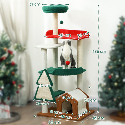 Rootz 135 cm Cat Scratching Post - Christmas Cat Tree - Play Tower - 6 Levels of Fun - 60L x 45W x 135H cm