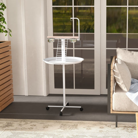 Rootz Bird Table - Bird Perch Stand - Parrot Playstand - Steel & Wood - 2 Stainless Steel Bowls - Portable - 60cm x 138cm