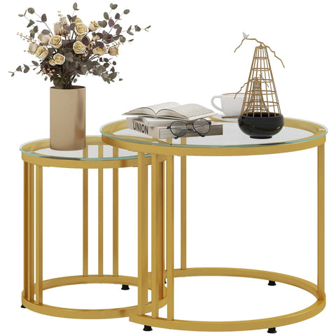 Rootz Round Living Room Set - Gold Coffee Tables - Nesting Tables - Carbon Steel Frames - Tempered Glass Tops - Space-Efficient - Ø60cm x 47cm & Ø40cm x 42cm