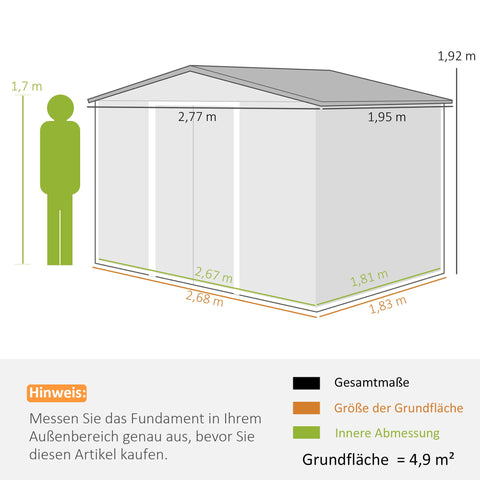 Rootz Tool Shed - Bike Shed - Garden Storage - Weatherproof Metal - 2.7m x 1.9m x 1.9m - Robust Galvanized Steel Construction