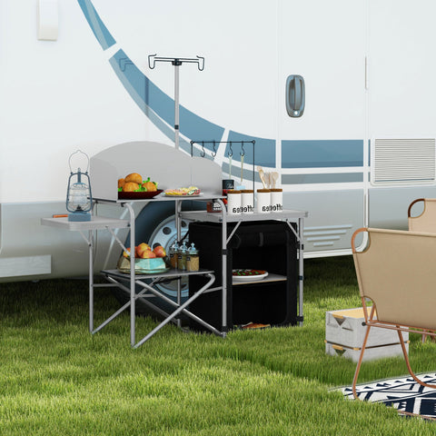 Rootz Portable Camping Kitchen - Outdoor Cooking Table - Folding Kitchen Unit - Organized Storage - 146cm x 49cm x 130-180cm