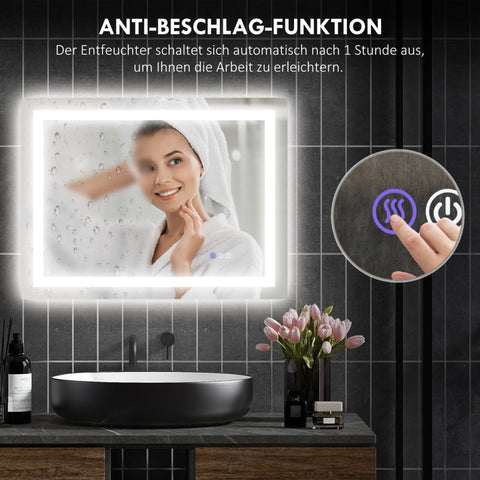 Rootz LED Bathroom Mirror - Wall Mounted Vanity Mirror - Makeup Mirror - Adjustable Lighting - Anti-Fog Technology - 80cm x 60cm x 4cm