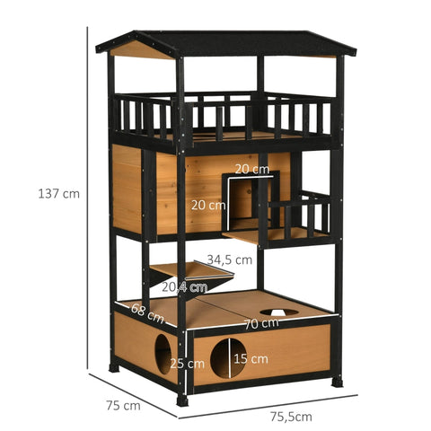 Rootz Outdoor Cat House - Weather Resistant Cat Shelter - Durable Multi-Level Cat Condo - 75.5cm x 75cm x 137cm - Fir Wood & Asphalt Roof - Yellow
