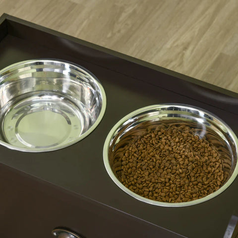 Rootz Feeding Station - Raised Feeding Bowls - 2 Feeding Bowls - 2 Stainless Steel Bowls - 1 Storage Space - Brown - 60 x 30 x 36 cm