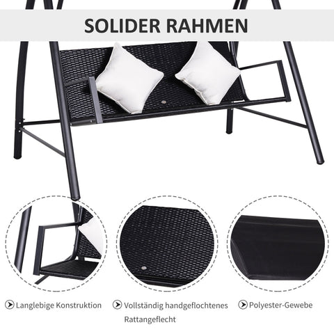 Rootz 3-Seater Hollywood Swing - Porch Swing - Garden Swing - Weather-Resistant Polyrattan - Holds up to 360kg - 198W x 124D x 179H cm