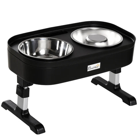 Rootz Feeding Station - Stainless Steel Bowl - Anti-sling Bowl - Height Adjustable - Black - 43 x 25 x 30 cm