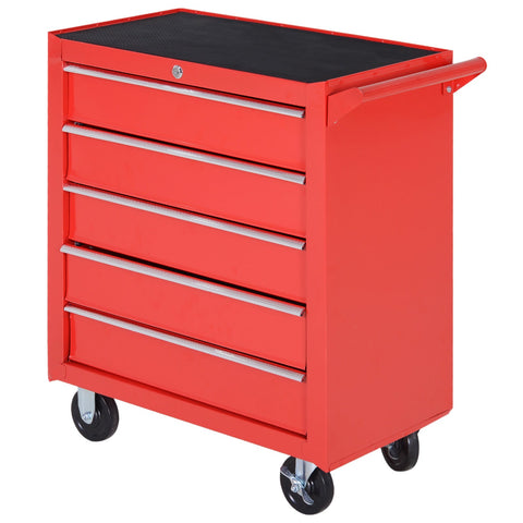 Rootz Rollable Workshop Tool Trolley - Tool Cart - Lockable Storage - 5 Drawers - Steel 69 x 33 x 75 cm - Red-Black