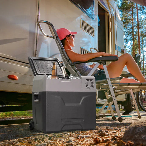 Rootz Car Refrigerator - Cool Box - Touch Display - 2 Wheels - Telescopic Handle - Car Fridge - Aluminum-plastic - Gray - 58.6L x 37.8W x 54.5H cm