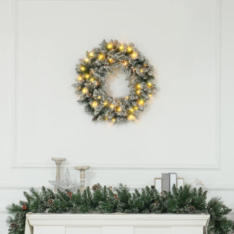 Rootz Christmas Wreath - Artificial Pine Wreath - LED Lights - Snowy Tips - 210 Tips - 50 Warm White Lights - Ø60cm x 10cm