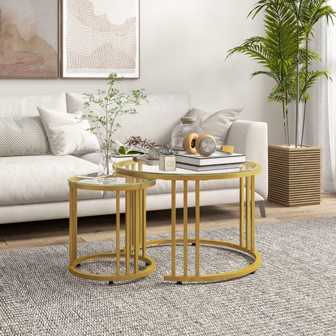 Rootz Round Living Room Set - Gold Coffee Tables - Nesting Tables - Carbon Steel Frames - Tempered Glass Tops - Space-Efficient - Ø60cm x 47cm & Ø40cm x 42cm