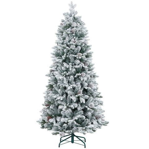 Rootz Artificial Snow Christmas Tree - Indoor Xmas Tree - Pine Cones - Hinged Construction - Flame Retardant - Green - Ø97cm x 180cm
