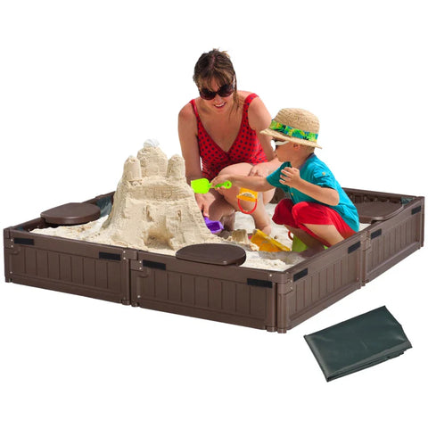 Rootz Sandpit with Cover & Groundsheet - Tarpaulin - Ground Spikes - Modular Design - 4 Seats - Brown - 1.23L x 1.23W Cm
