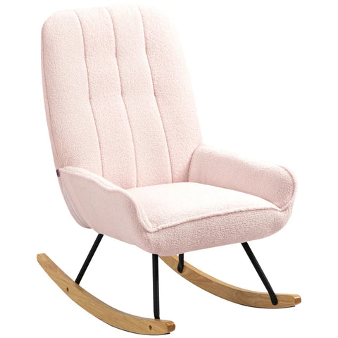 Rootz Rocking Chair - Modern Design Rocking Chair - Sherpa Fleece - Rubber Wood - Quilting - Natural + Pink - 63 cm x 95 cm x 97 cm