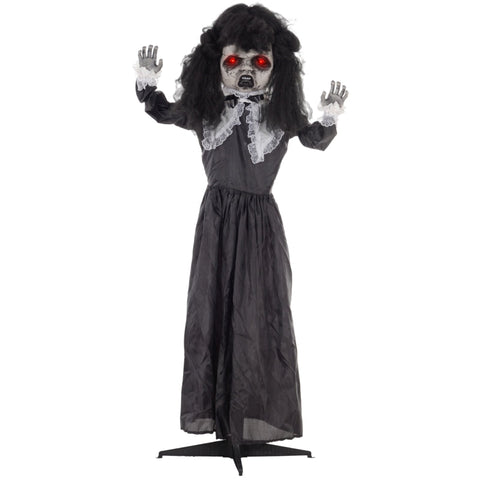 Rootz Animated Halloween Decoration - Spooky Lolita Girl - Bendable Arms - Glowing Red Eyes - Scary Voices - 65cm x 15cm x 160cm